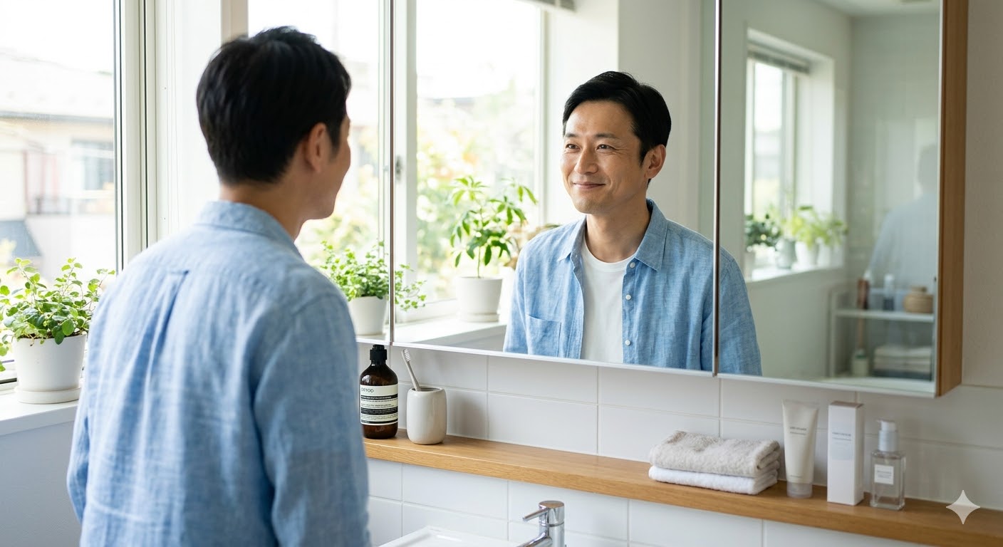 ４０代男性が鏡を見て顔に清潔感が出てきた画像
