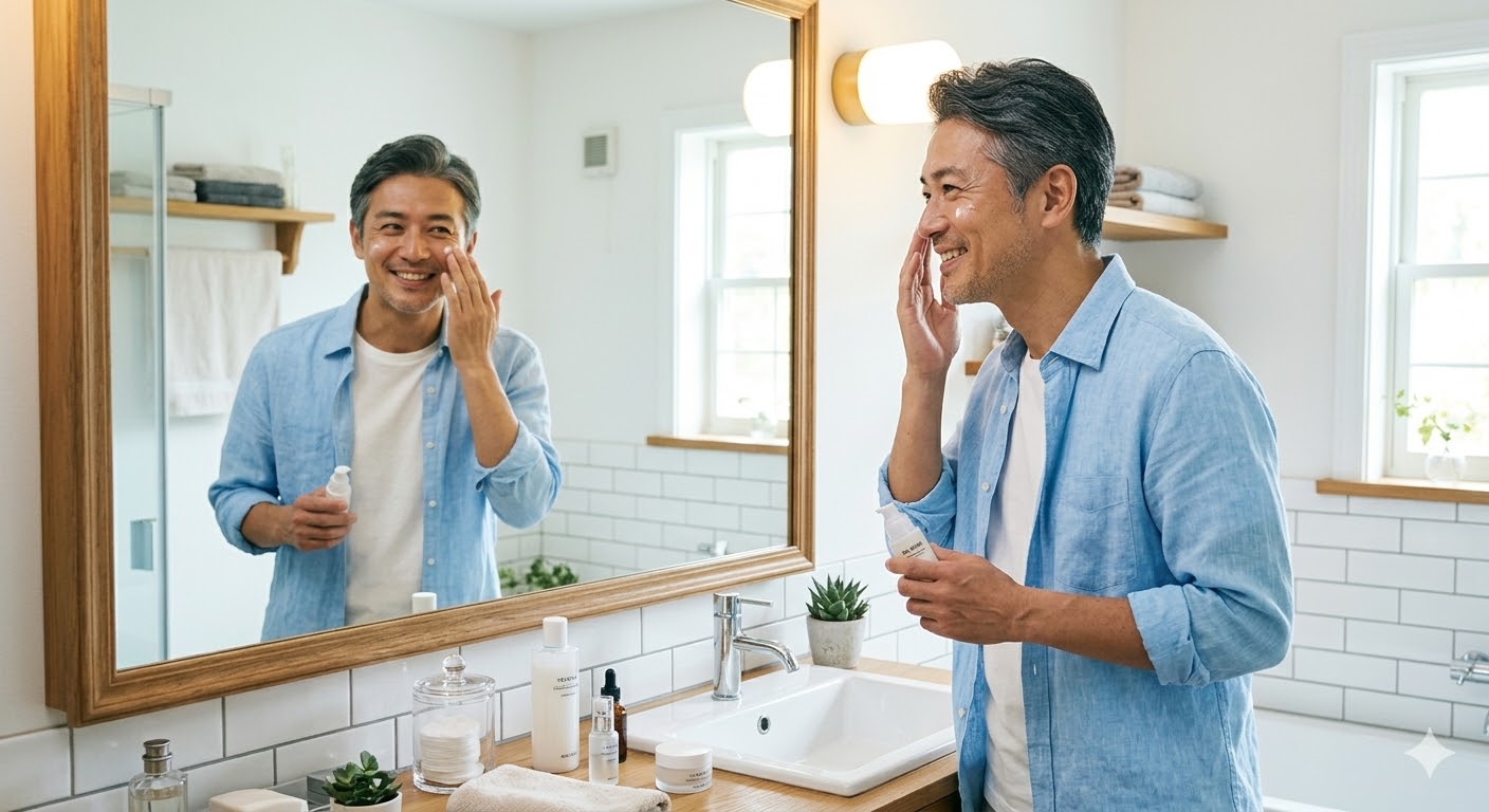 ４０代男性がスキンケアをしている画像