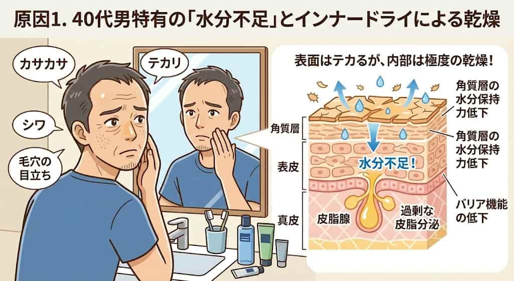 原因1.40代男特有の「水分不足」とインナードライによる乾燥の説明イメージ画像