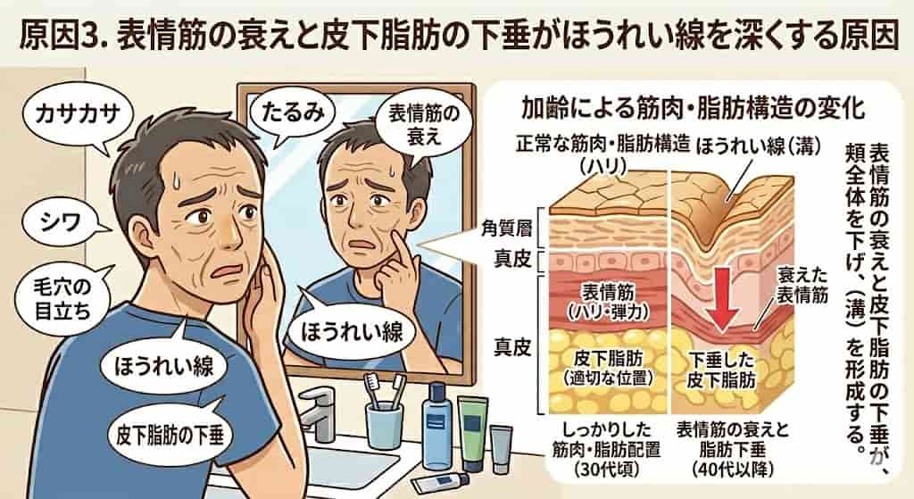 原因3. 表情筋の衰えと皮下脂肪の下垂がほうれい線を深くする原因の説明画像