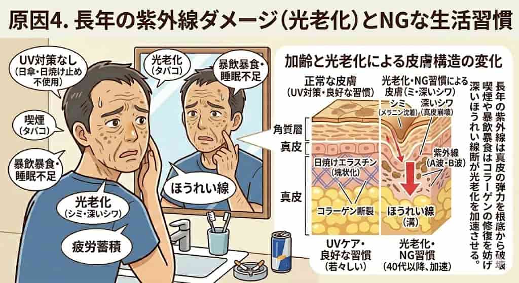 原因4. 長年の紫外線ダメージ(光老化)と40代男のNGな生活習慣の説明画像