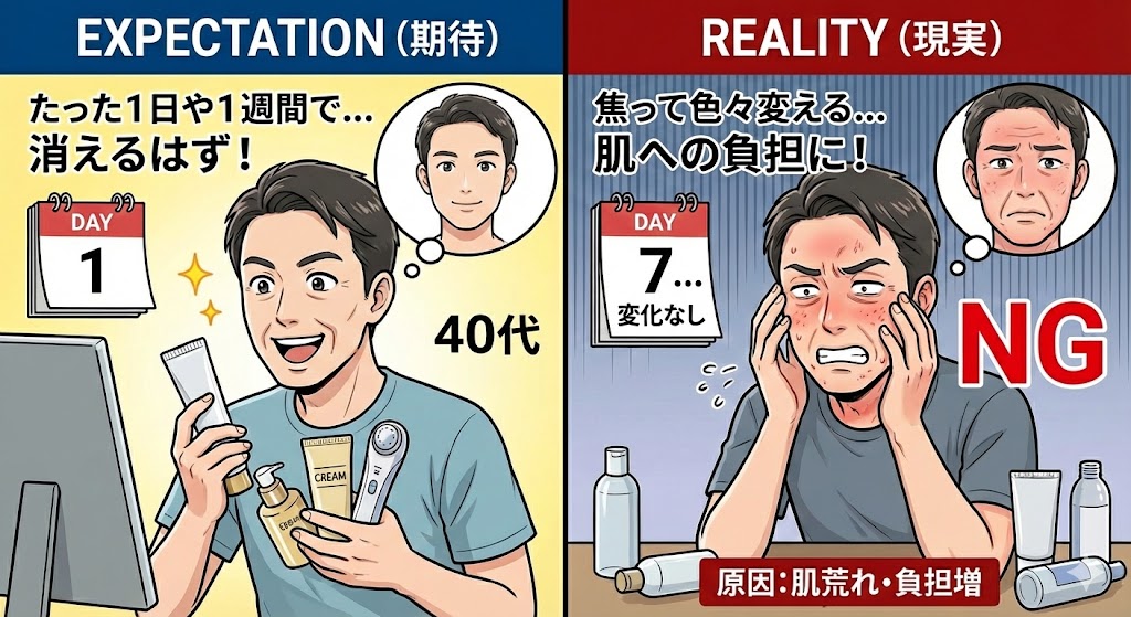 色々なケア商品をたくさん使い肌への負担になっている男性のイメージ画